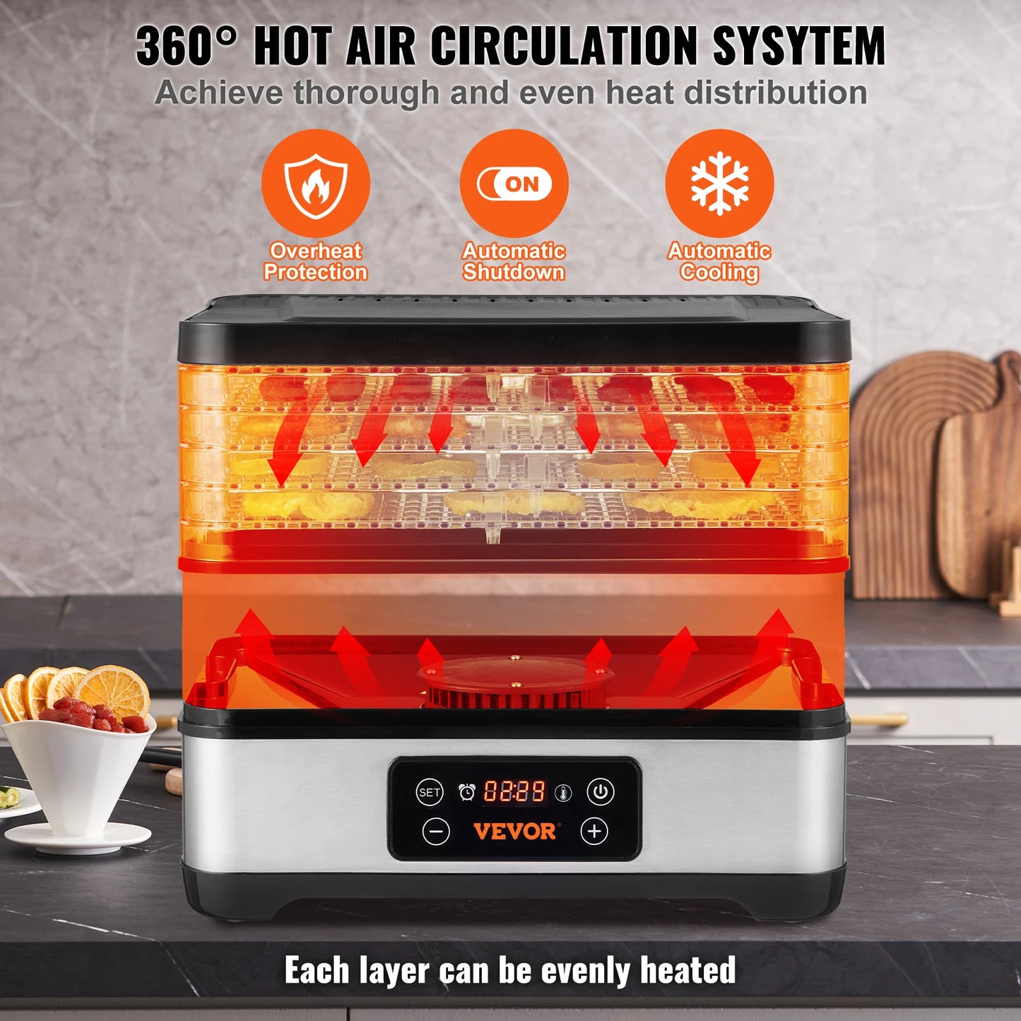 5 Tray Food Dehydrator Stainless Steel Electric Food Dryer w/ Digital Adjustable Timer & Temperature