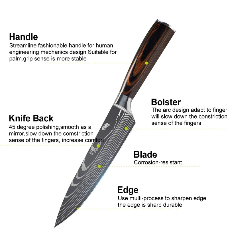 Kitchen Knives Set Laser Damascus Pattern Chef Knife Sharp Cleaver Slicing Utility Knives Tools