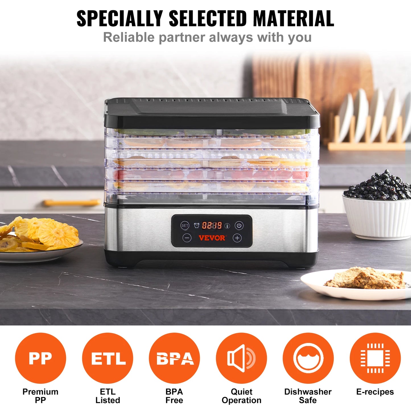 5 Tray Food Dehydrator Stainless Steel Electric Food Dryer w/ Digital Adjustable Timer & Temperature