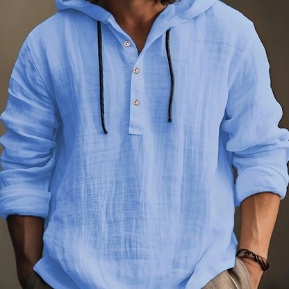 Men's cotton and linen shirt with hooded sweatshirt long sleeve casual and comfortable daily wear