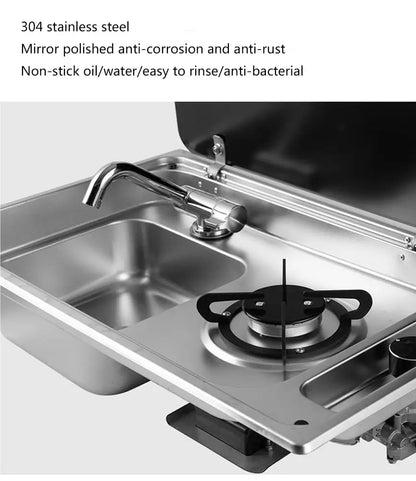 Integrated Gas Stove Sink Combination, Stainless Steel With Cover, Gas Camping Stove Burner