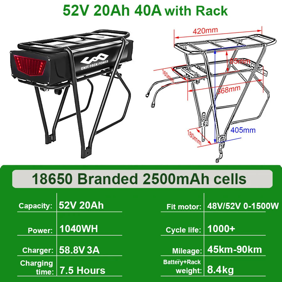 Rear Rack eBike Battery 52V 48V 27Ah 72V 20Ah with Rack no Rack Optional for 1500W 1000W 750W 500W 24"-28 inch