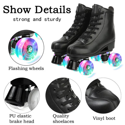 Double-Row Roller Skate Shoes Quad Sneakers Beginner Men Women Outdoor Skating  Size 34-45 Pu Leather