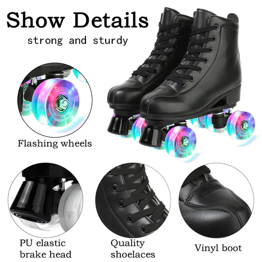 Double-Row Roller Skate Shoes Quad Sneakers Beginner Men Women Outdoor Skating  Size 34-45 Pu Leather