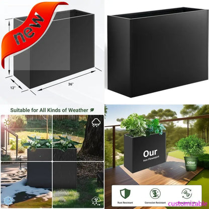 -Sturdy Tall Black Metal Planter Box, 36 x 12 x 26 with Removable Shelf for Outdoor Spaces