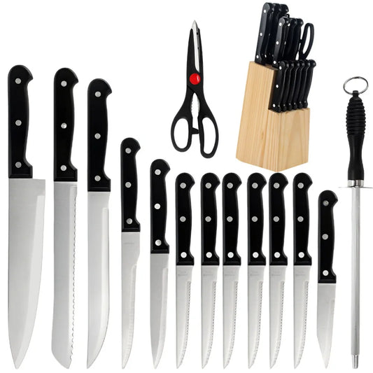 Full 15pcs Chef Knife Set Stainless Steel  with Scissors,Sharpening Rod,Solid Wood Holder Cooking Tool