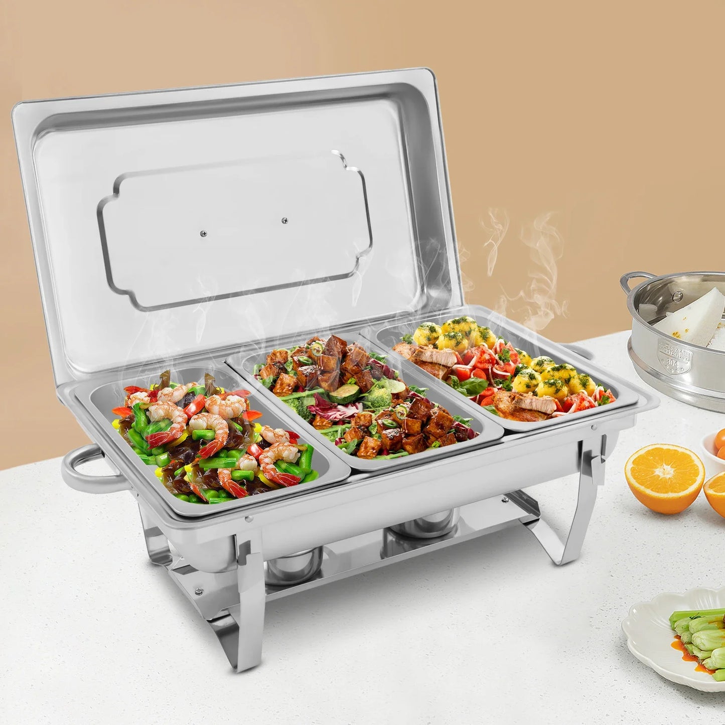 Chafing Dish Buffet Set, Self-service Stove Food Plates Stainless Steel Buffet Dishes with 3 Food Compartments