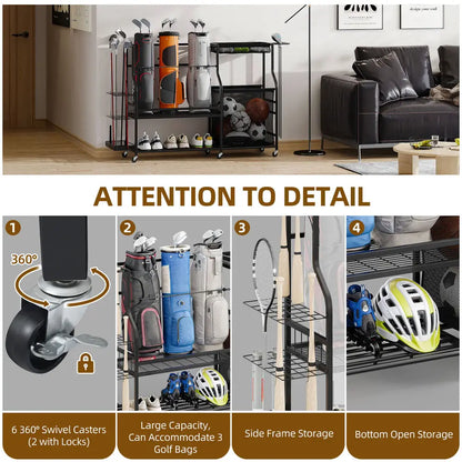 3 Golf Bag Stand Holder Organizer for Garage with Wheels Sport Accessories Rack