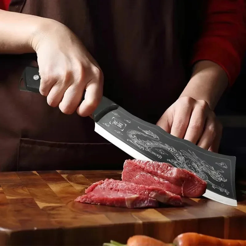 Hand forged stainless steel bone chopping knife with scabbard,