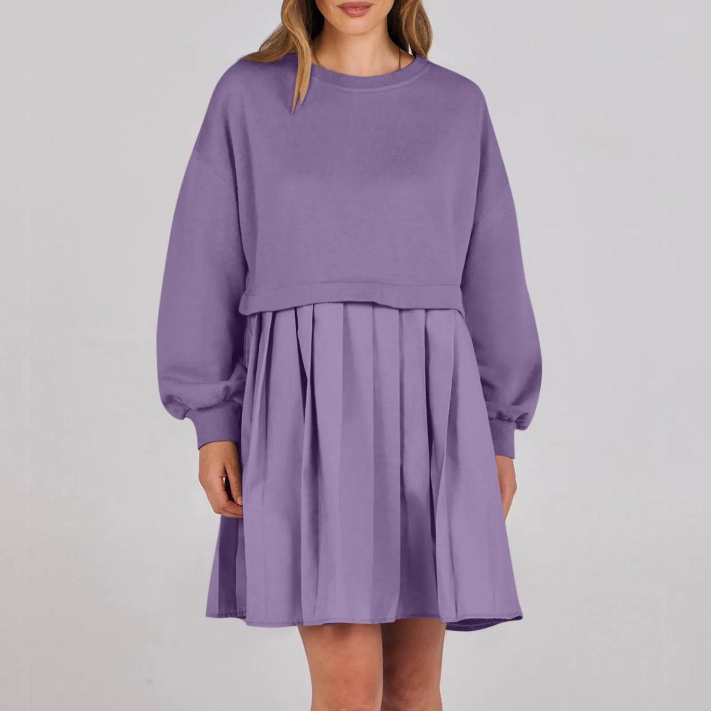 Women Sweatshirt Dress Long Sleeve Crewneck Pullover Loose Fit Tops Pleated Sweatshirts Dresses