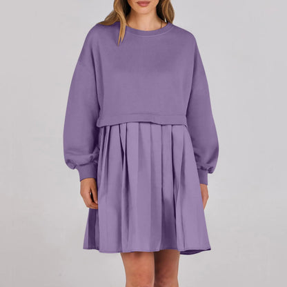 Women Sweatshirt Dress Long Sleeve Crewneck Pullover Loose Fit Tops Pleated Sweatshirts Dresses