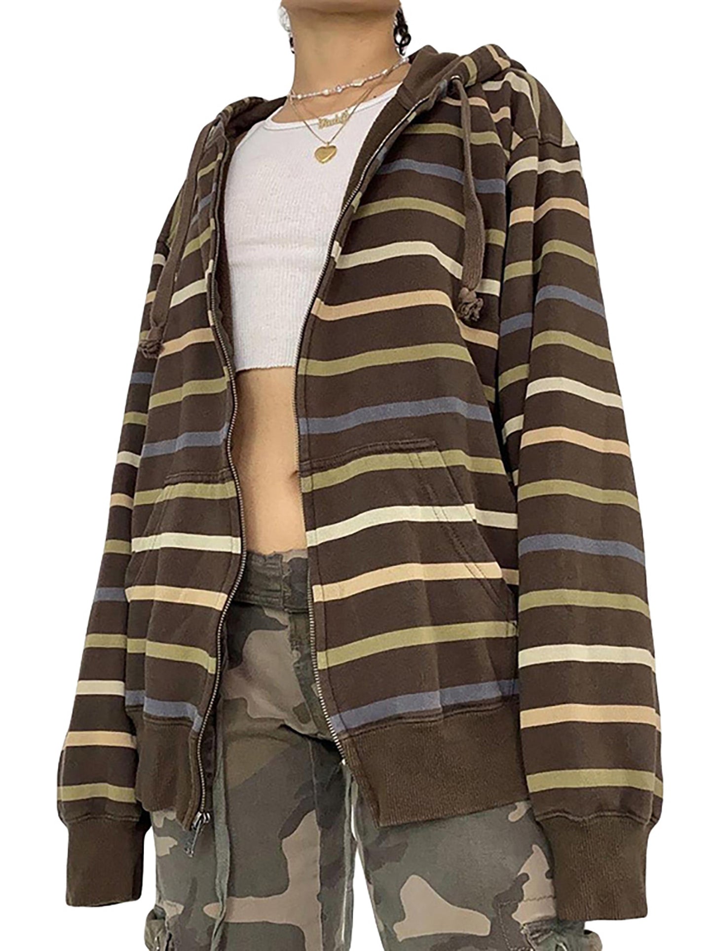 Women Zip Up Drawstring Hoodie Casual Striped Long Sleeve Sweatshirt Jacket