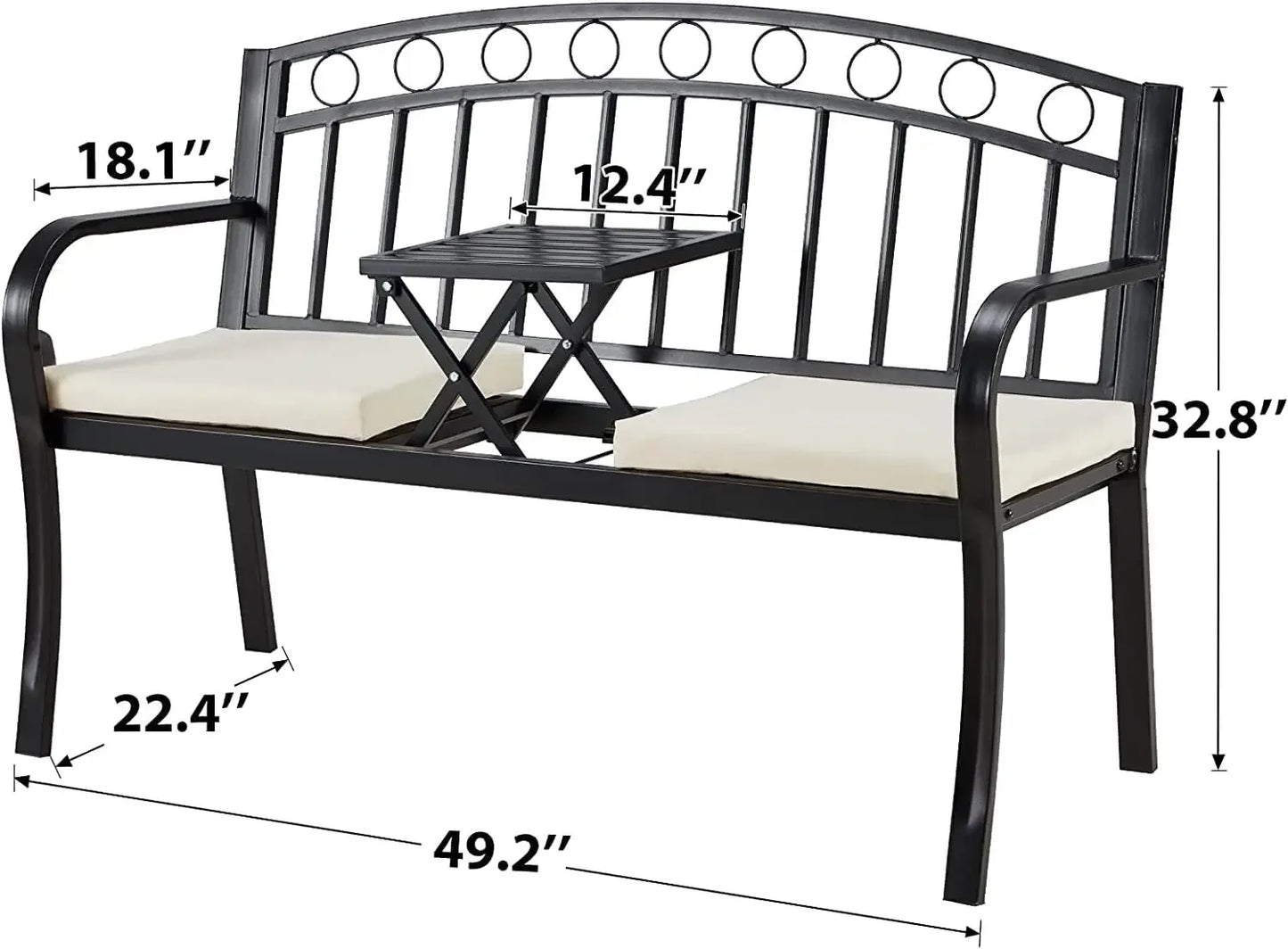 Outdoor Metal Garden Bench, 2-Seat  with Steel Frame, w/Pullout Middle Table＆ Cushion