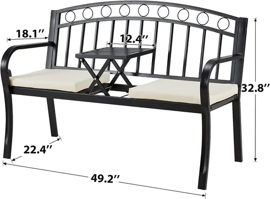 Outdoor Metal Garden Bench, 2-Seat  with Steel Frame, w/Pullout Middle Table＆ Cushion