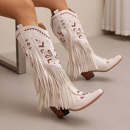 Retro Tassel Embroidered Cowgirl Mid-Calf Women Western Boots Pointed Toe Chunky High Heel