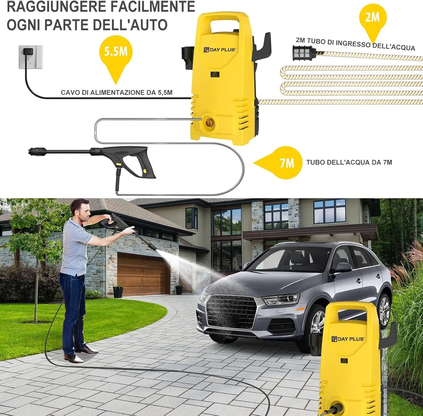 Electric High Pressure Washer 1600W,Adjustable Lance from 0 to 180°,7m Flexible Hose.