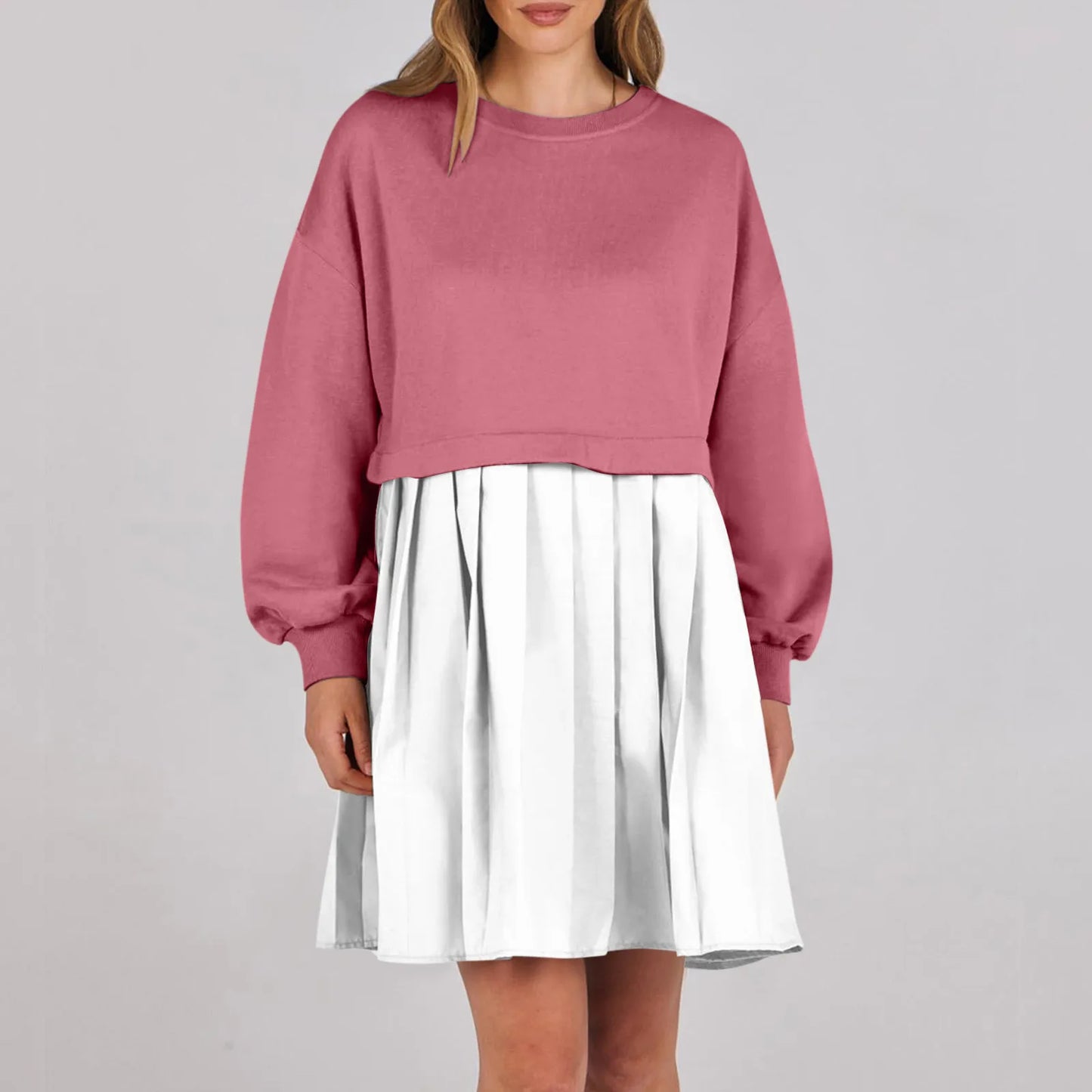 Women Sweatshirt Dress Long Sleeve Crewneck Pullover Loose Fit Tops Pleated Sweatshirts Dresses
