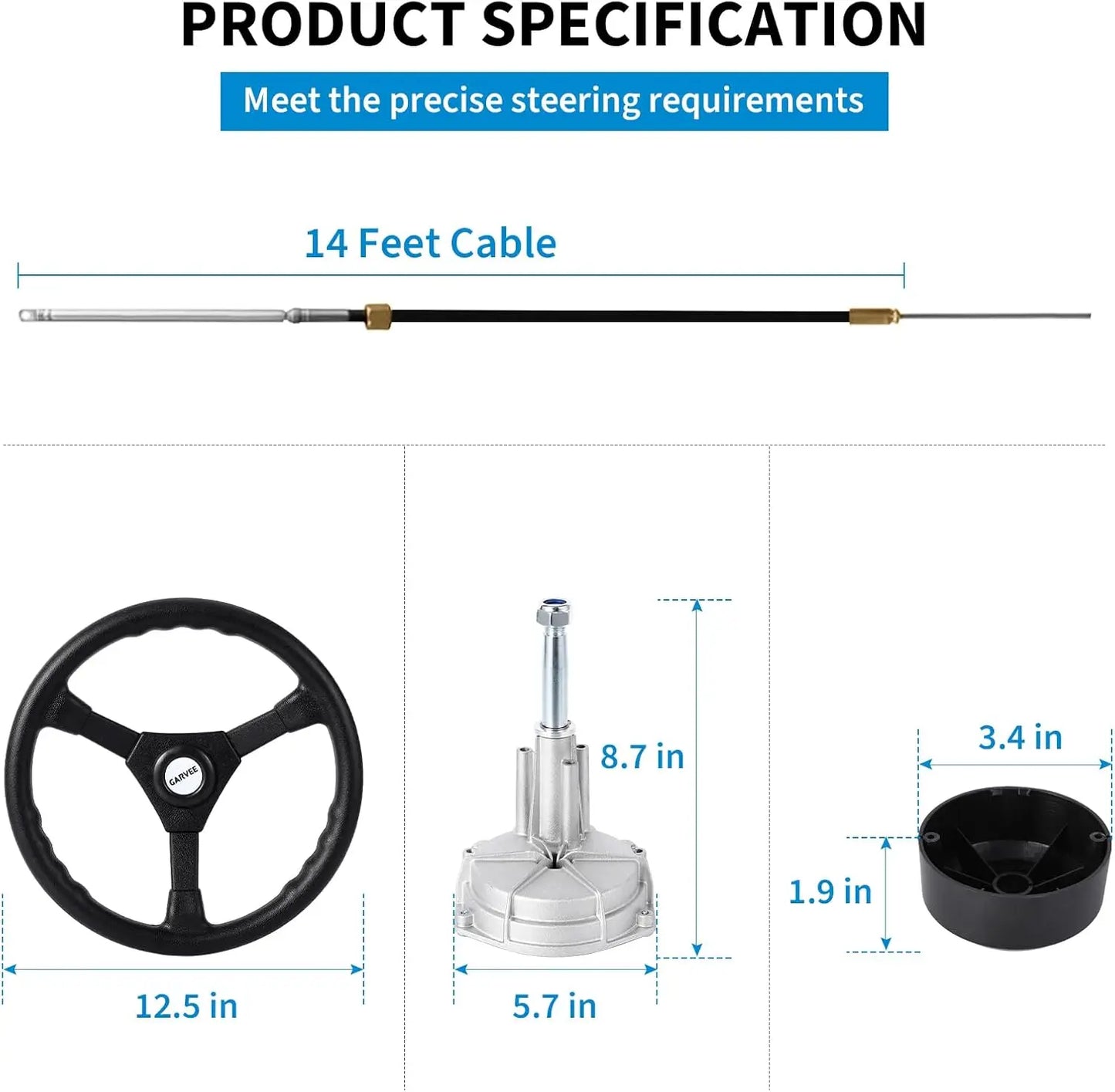 14 Feet Cable Outboard Steering Kit 3/4" Standard Tapered Shaft for Yachts, Fishing Boats