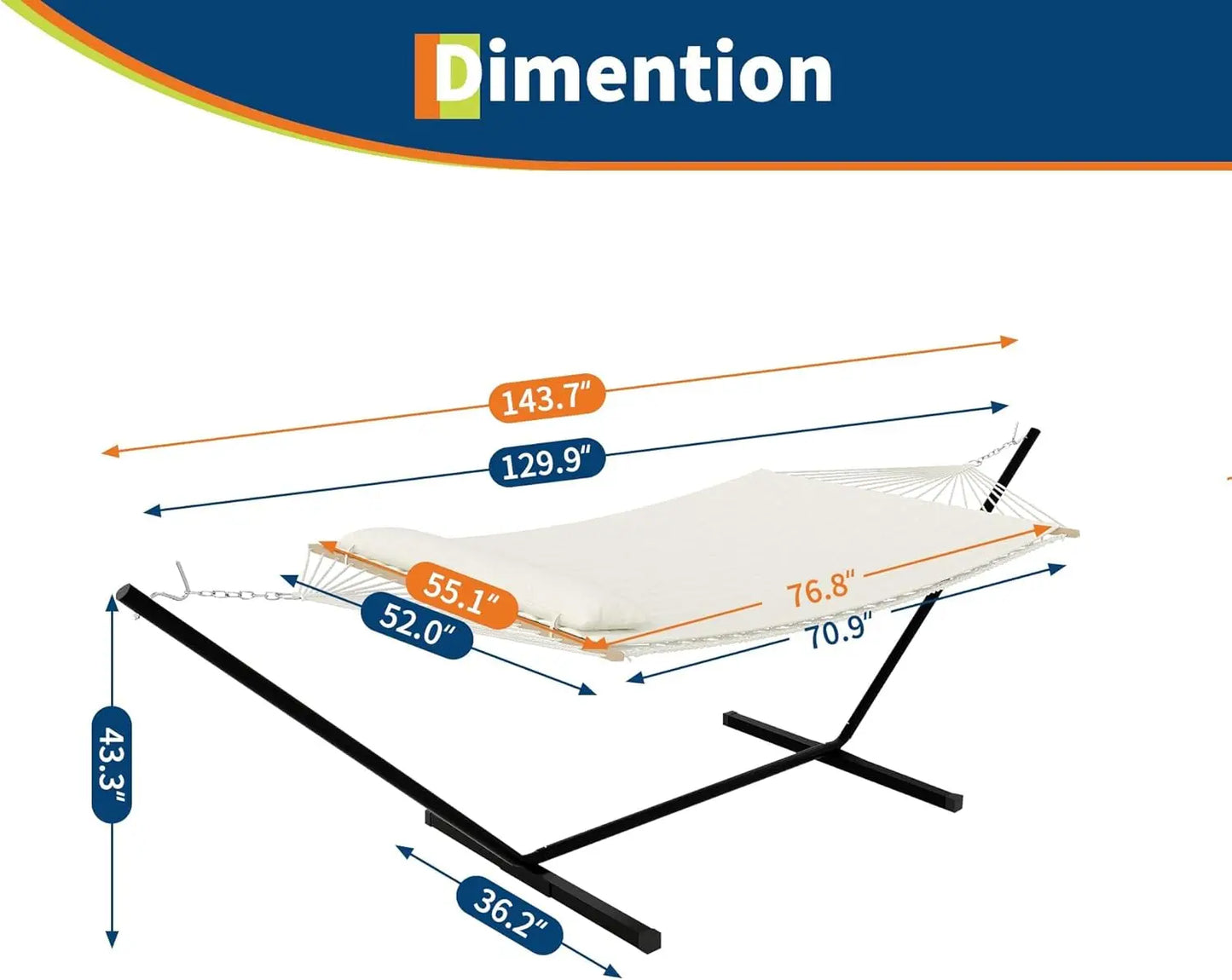 Double Hammock with Stand,2 Person Heavys Duty 475 Lbs Capacity, Breathable Cotton Rope & Quilted Pad for Adventure,Camping