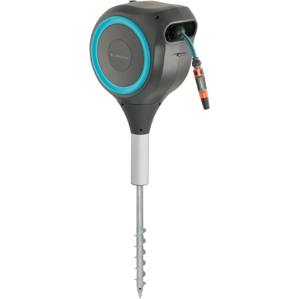"50-foot 1/2-inch retractable garden hose reel with metal stake for outdoor use and easy swivel for convenient watering"
