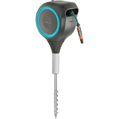 "50-foot 1/2-inch retractable garden hose reel with metal stake for outdoor use and easy swivel for convenient watering"