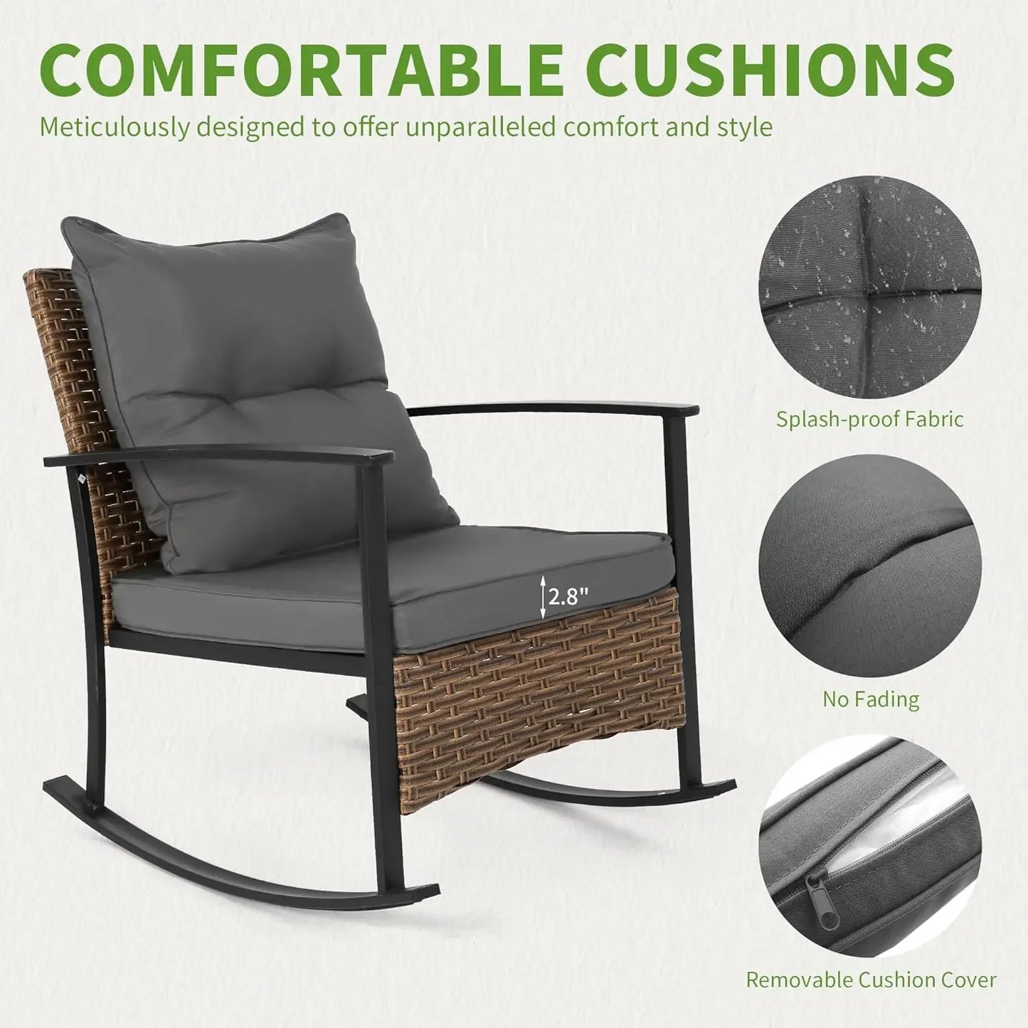 Outdoor Rocking Chair Set with Cushions and 2-Tier Coffee Table, Rattan Wicker 3 Pieces