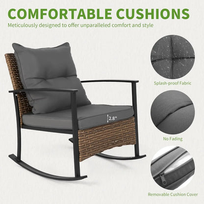 Outdoor Rocking Chair Set with Cushions and 2-Tier Coffee Table, Rattan Wicker 3 Pieces