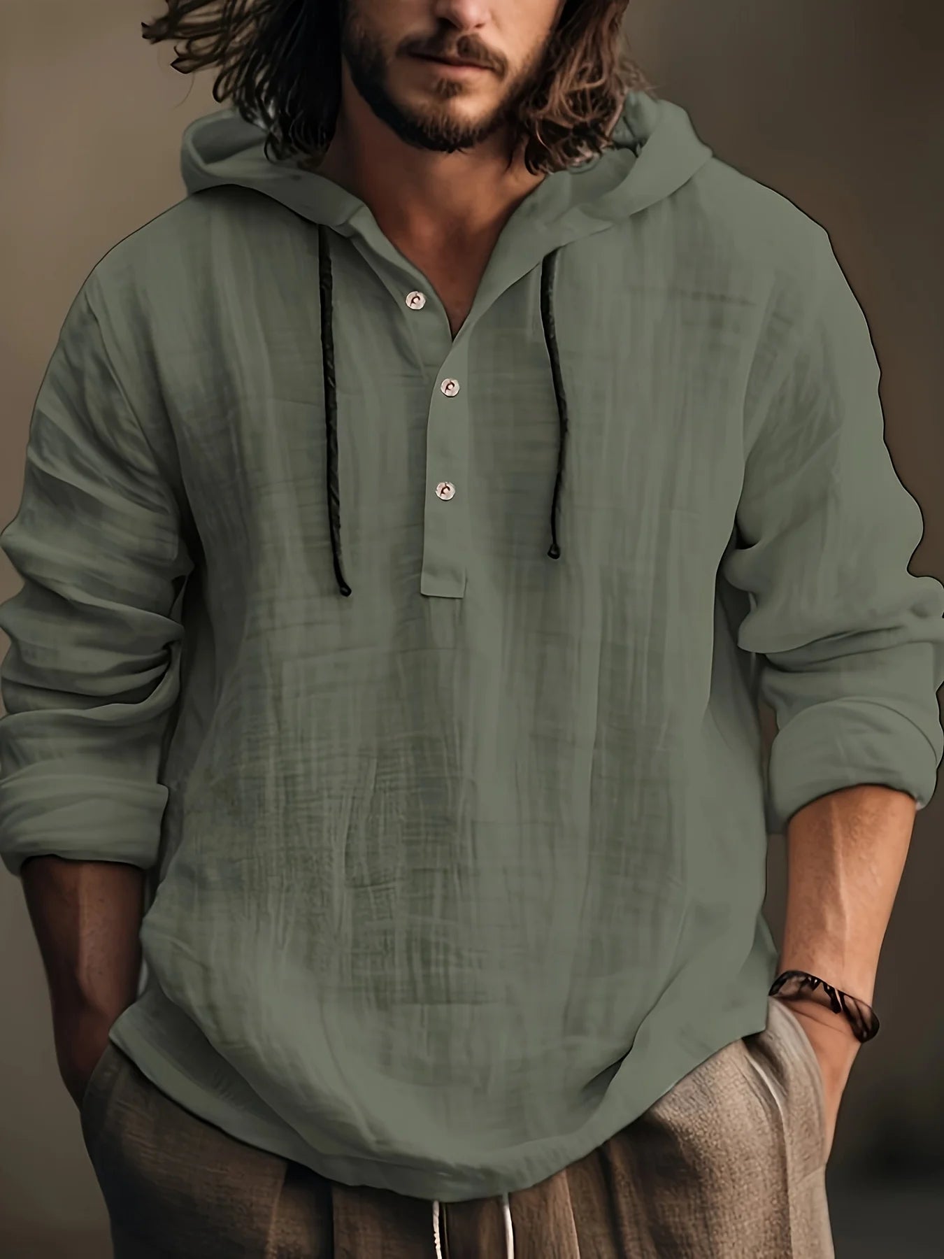 Men's cotton and linen shirt with hooded sweatshirt long sleeve casual and comfortable daily wear