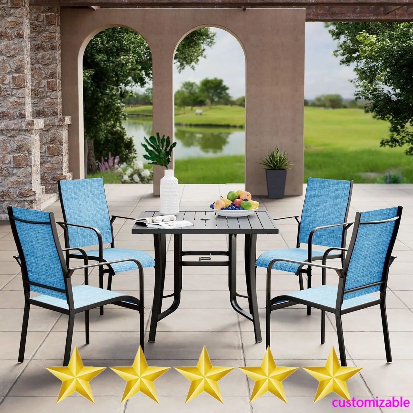 5 Pieces Patio Set, Outdoor Square Metal Dining Table with 4 Dining Chairs