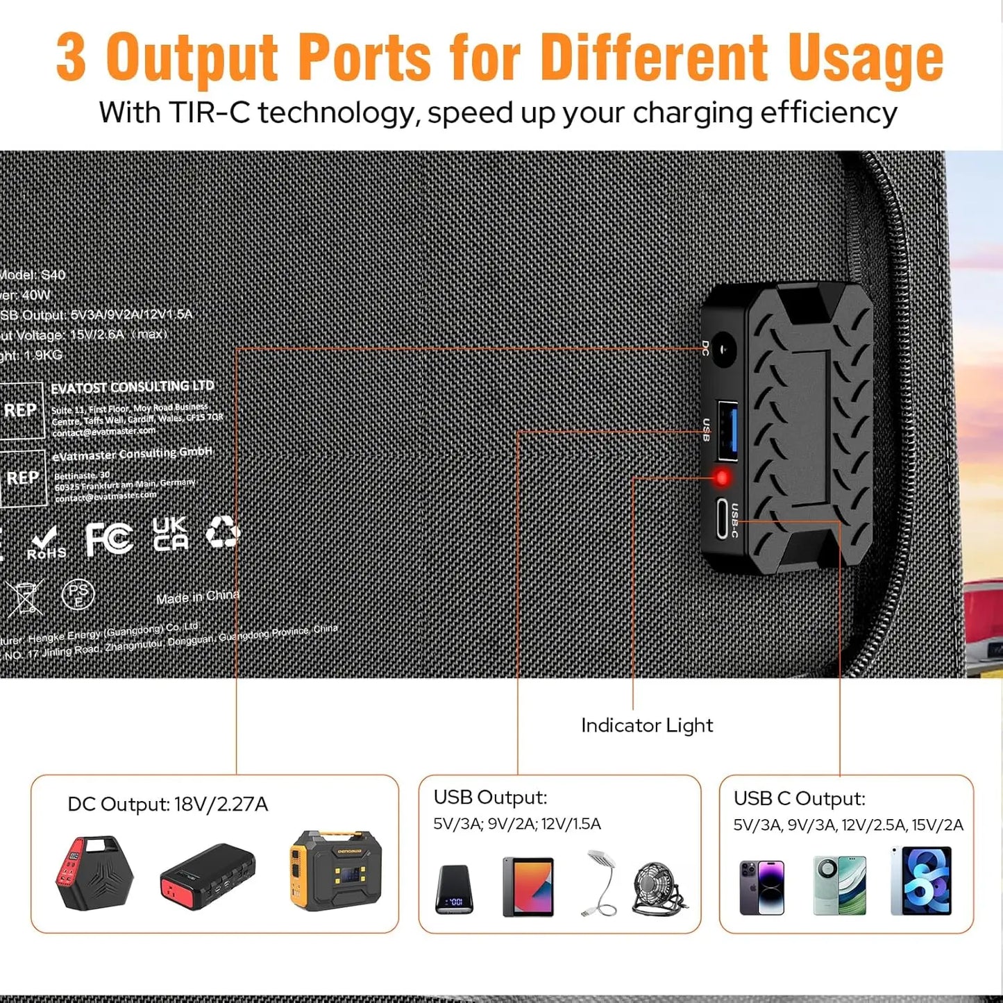 40W Portable Solar Panel Charger with DC USB C Port for Camping Road Trip Hiking