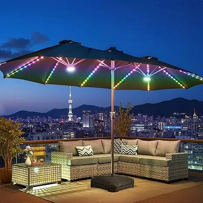 Outdoor Patio Umbrella With Solar Light,15 Ft Sunshade W Base 156 Colorful LED