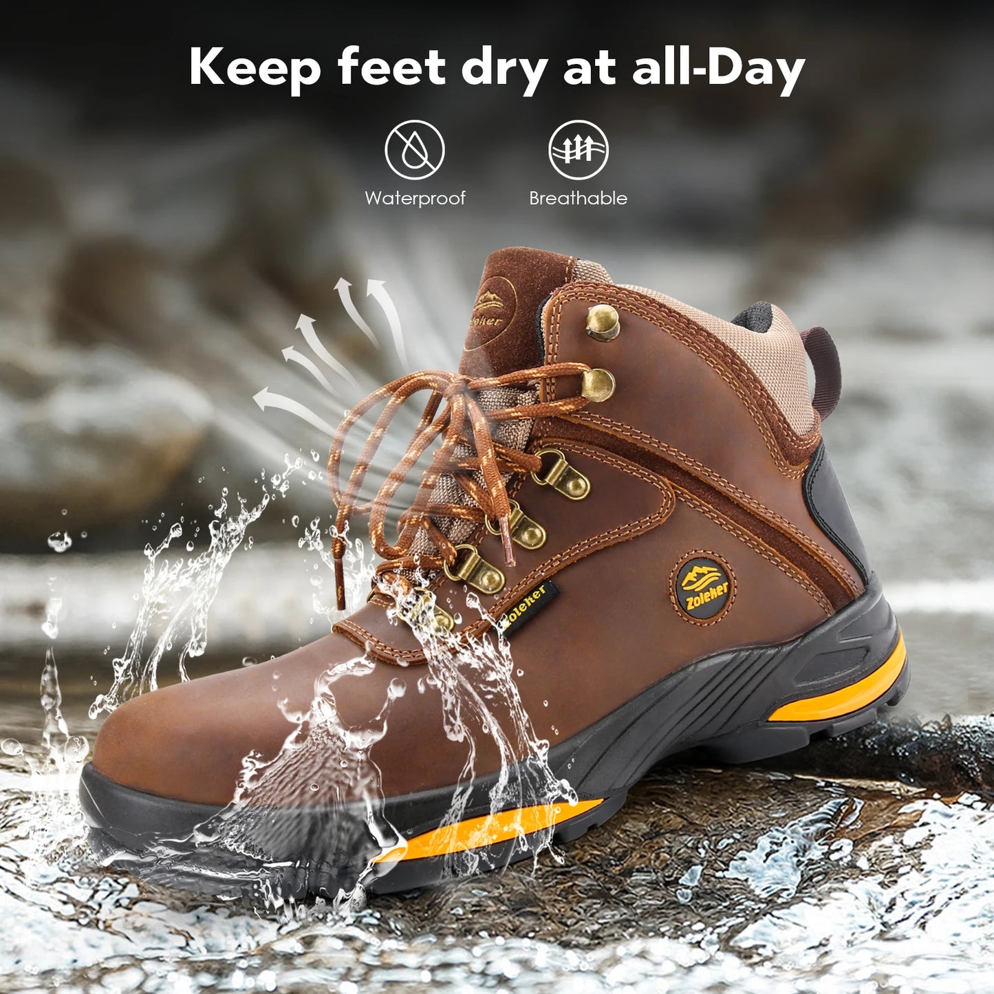 Hike Boots for Men, Soft Toe, Slip Resistant Safety Shoes, Waterproof Anti-Fatigue Brown