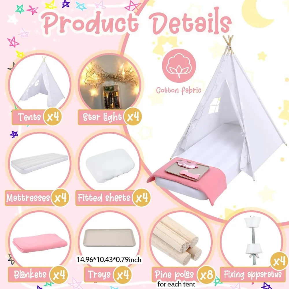 4 Pack Kids Teepee Tent Bulk with Light and Inflatable Airbed, Natural Cotton  Washable