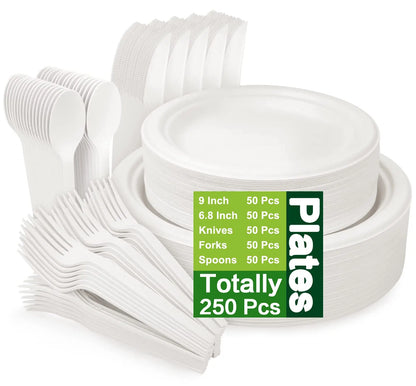 250 Piece  Paper Plates Set, Eco Friendly Biodegradable Plates, Spoons, Forks and Knives
