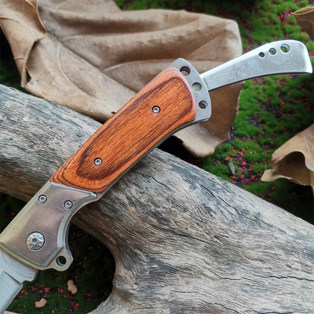 Compact 8CR15MOV Folding Knife with Wood Handle: Outdoor Survival Knife for Hunting, Camping & Everyday Carry (EDC)