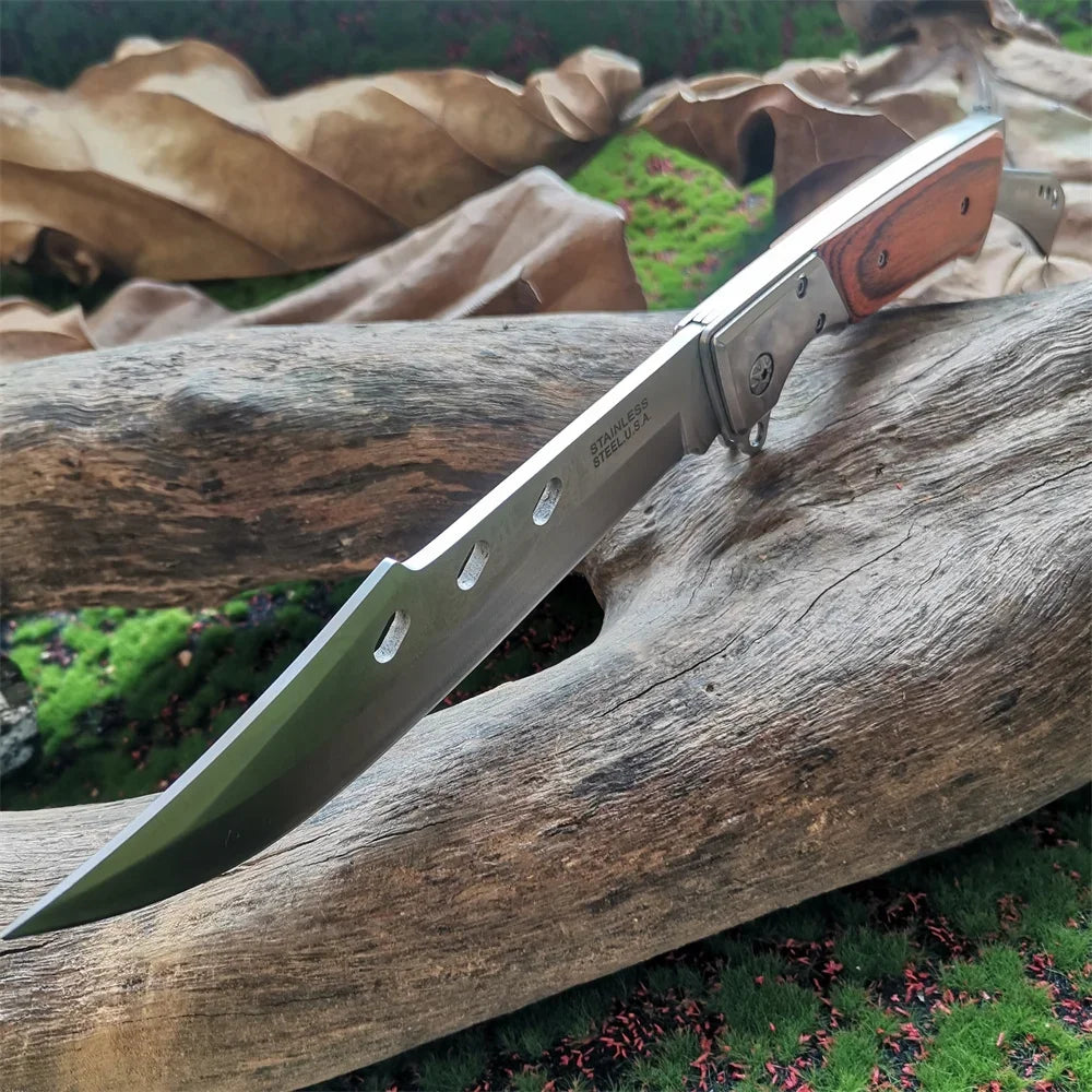 Compact 8CR15MOV Folding Knife with Wood Handle: Outdoor Survival Knife for Hunting, Camping & Everyday Carry (EDC)