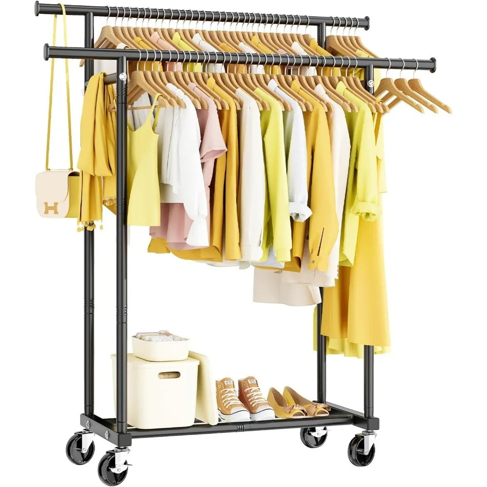 Double Rods Clothes Rack, Rolling  for Hanging Clothes Portable  Metal Garment Rack