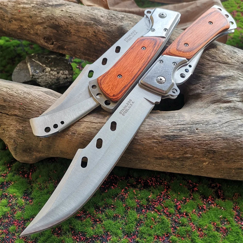 Compact 8CR15MOV Folding Knife with Wood Handle: Outdoor Survival Knife for Hunting, Camping & Everyday Carry (EDC)