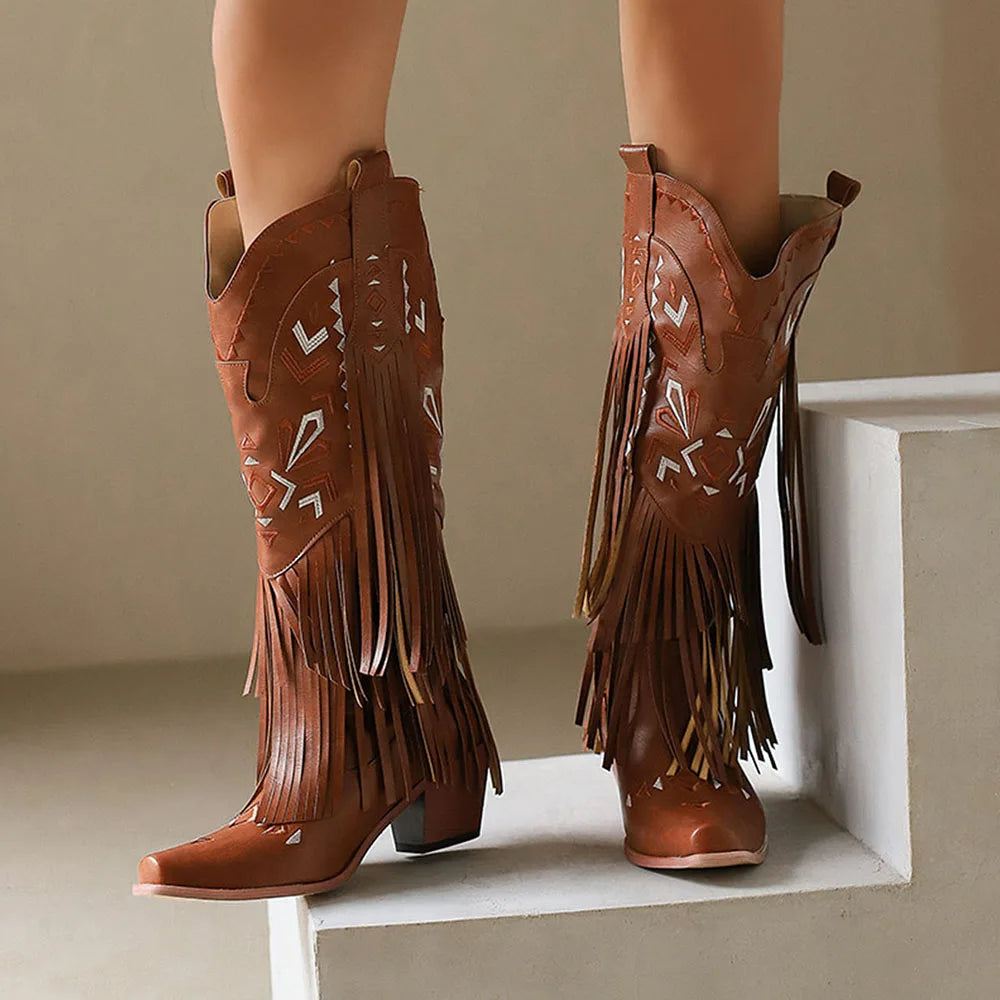 Retro Tassel Embroidered Cowgirl Mid-Calf Women Western Boots Pointed Toe Chunky High Heel