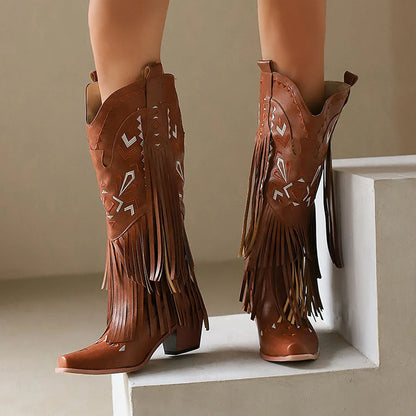 Retro Tassel Embroidered Cowgirl Mid-Calf Women Western Boots Pointed Toe Chunky High Heel