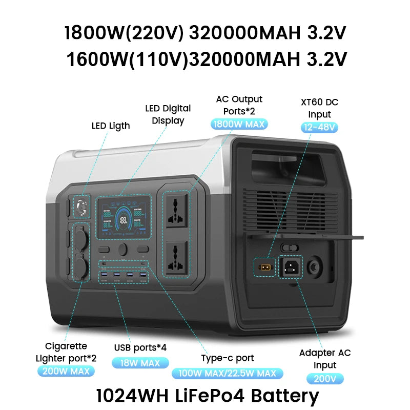 Portable Power Station Outdoor 1024Wh Lifepo4 110V 220V AC Camping Solar Generator