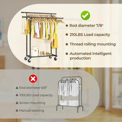 Double Rods Clothes Rack, Rolling  for Hanging Clothes Portable  Metal Garment Rack