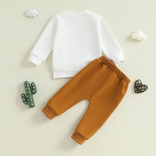 Toddler Cowboy Style Outfit Set with Printed Hat Long Sleeve Sweatshirt and Elastic Pants for Baby Boys - 2 Piece Western