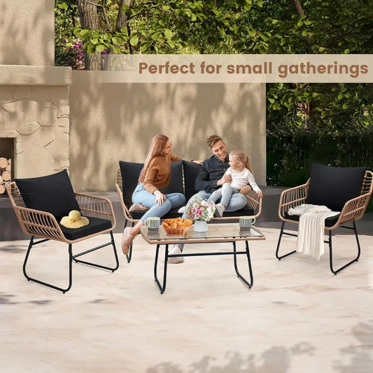 4 Piece Patio Outdoor Furniture Set, Wicker Sofa, 2 Rattan Chairs, and Table All Weather