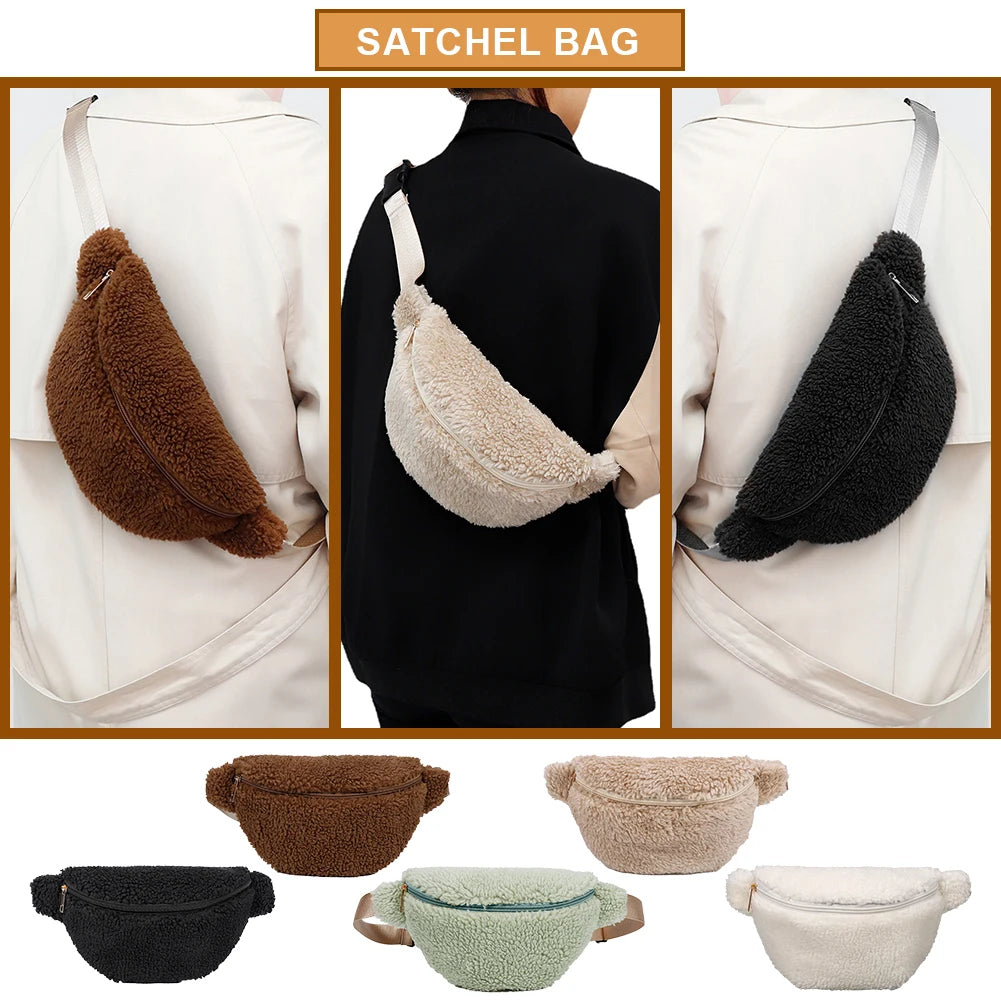 Unisex Fuzzy Crossbody Bag Zipper Closure Solid Shoulder Bag Multifunctional  Foldable Lightweight Autumn Winter Daily Bag