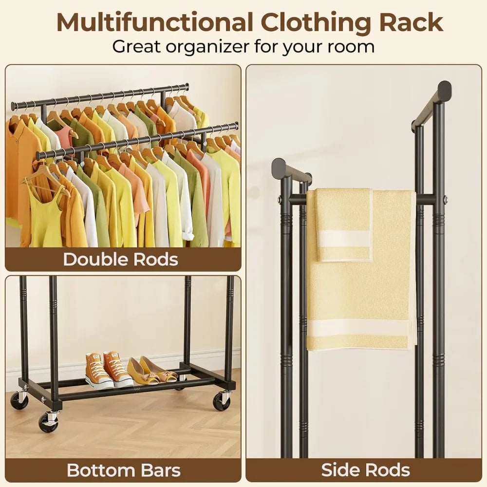 Double Rods Clothes Rack, Rolling  for Hanging Clothes Portable  Metal Garment Rack