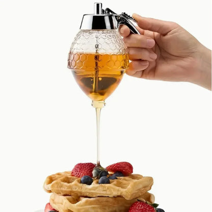 Leak-Proof Honey Dispenser with Rack for Syrup, Sauces, Seasonings - Durable, Easy to Clean, Multi-Purpose Plastic Design for Ki