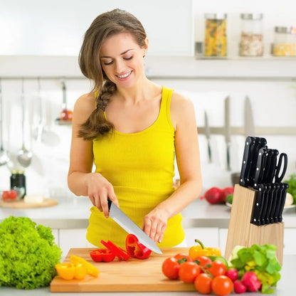Full 15pcs Chef Knife Set Stainless Steel  with Scissors,Sharpening Rod,Solid Wood Holder Cooking Tool