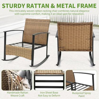 Outdoor Rocking Chair Set with Cushions and 2-Tier Coffee Table, Rattan Wicker 3 Pieces