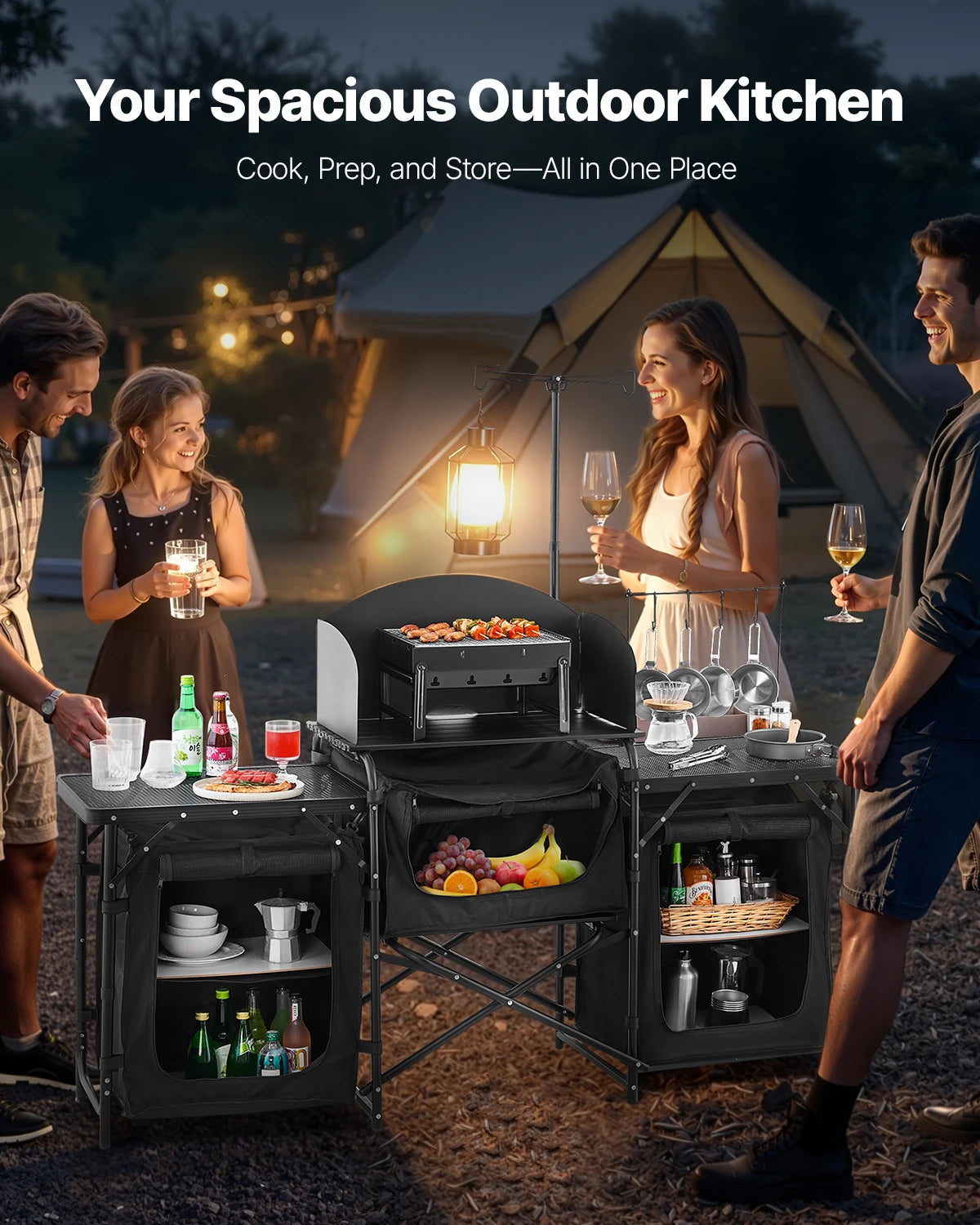 Aluminum Portable Cook Station with 3 Storage Cupboard Carrying Bag Quick Set-up for BBQ Picnic